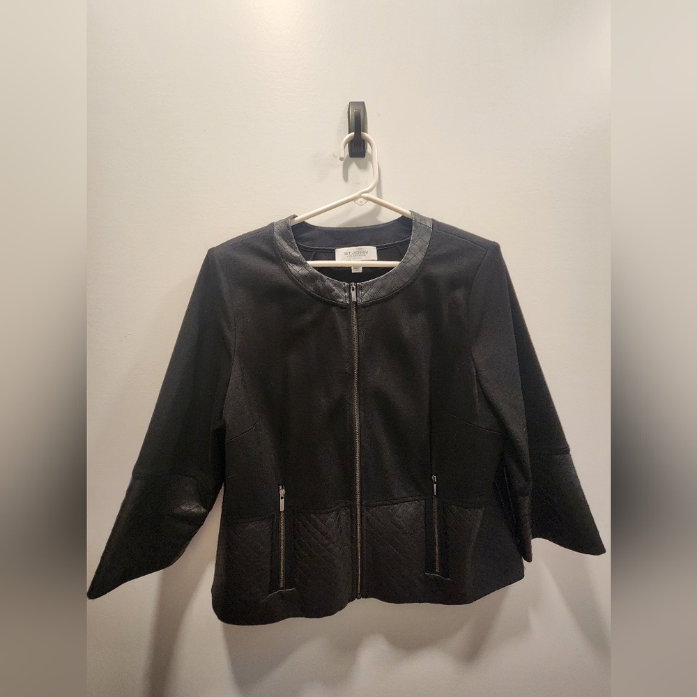 St. John Collection black jacket with leather contrast